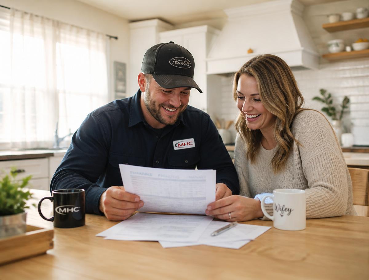 Truck driver and his wife smiling as they review their policy paperwork at the kitchen table