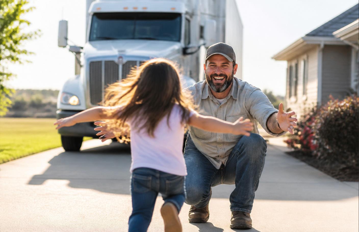 Young daughter running into her truck driver dad's arms as he gets home