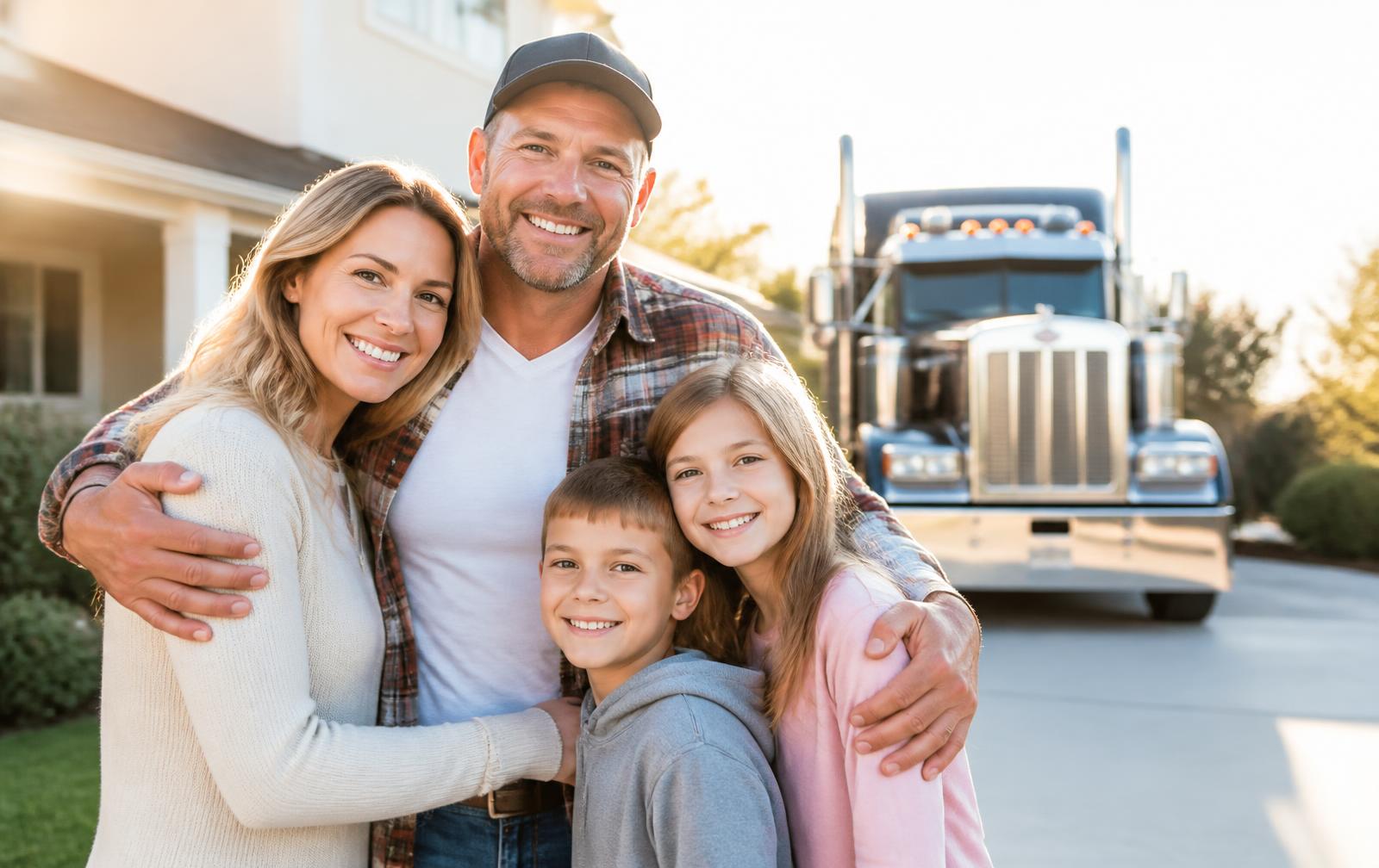 Truck driver hugging his wife and two kids in the driveway with his semi parked behind them